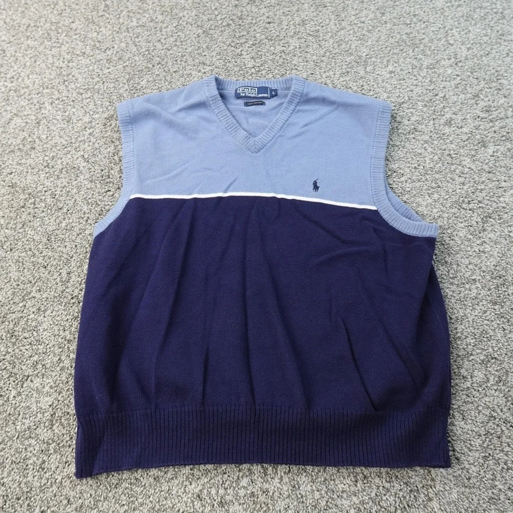 VTG Polo Ralph Lauren Sweater Vest Mens L Blue V Neck Knit Pullover Pony Grandpa